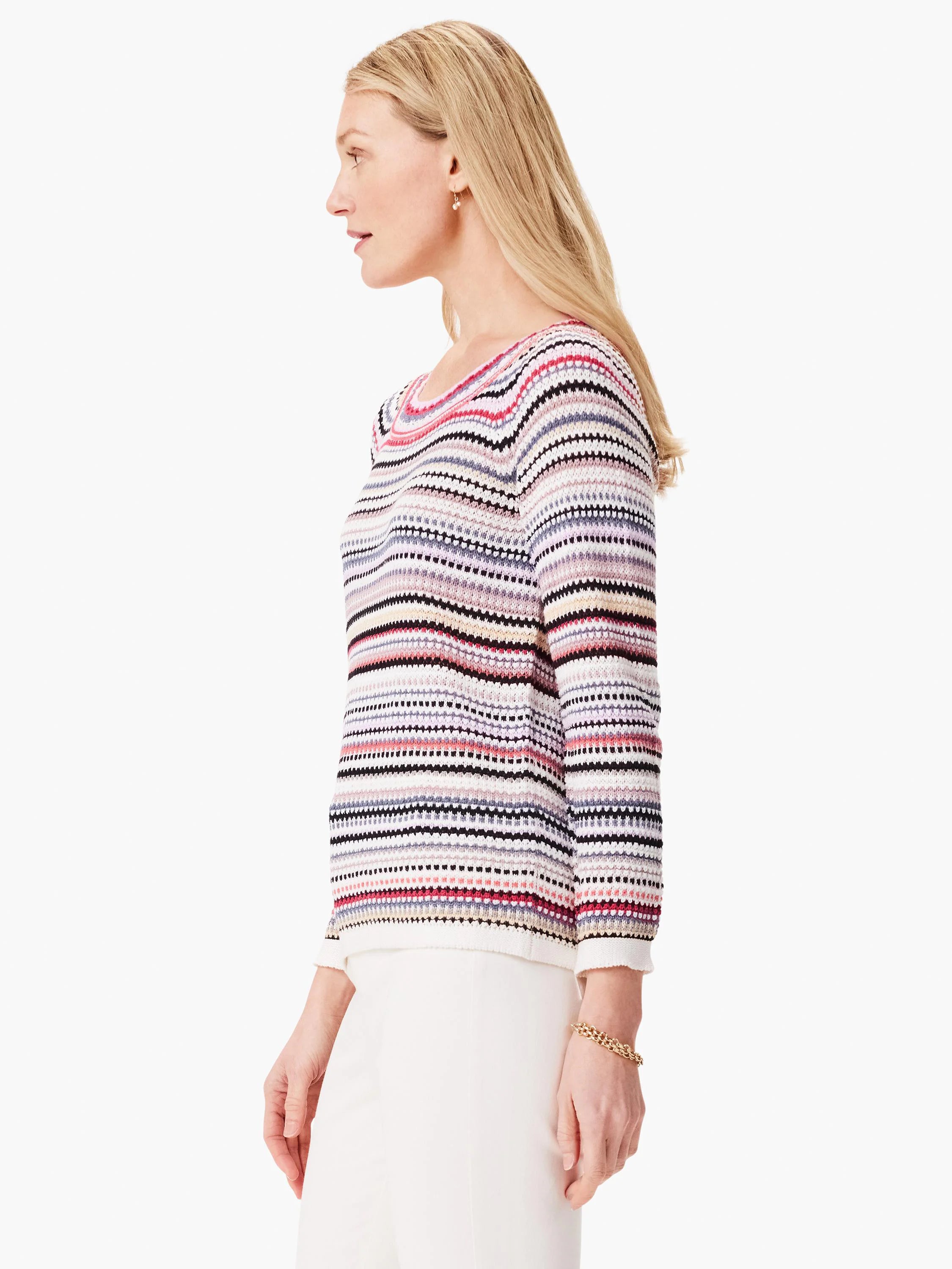 Cream sweater with horizontal stripes in pink, red, black, gray, and beige.  Long sleeves, boat neck.