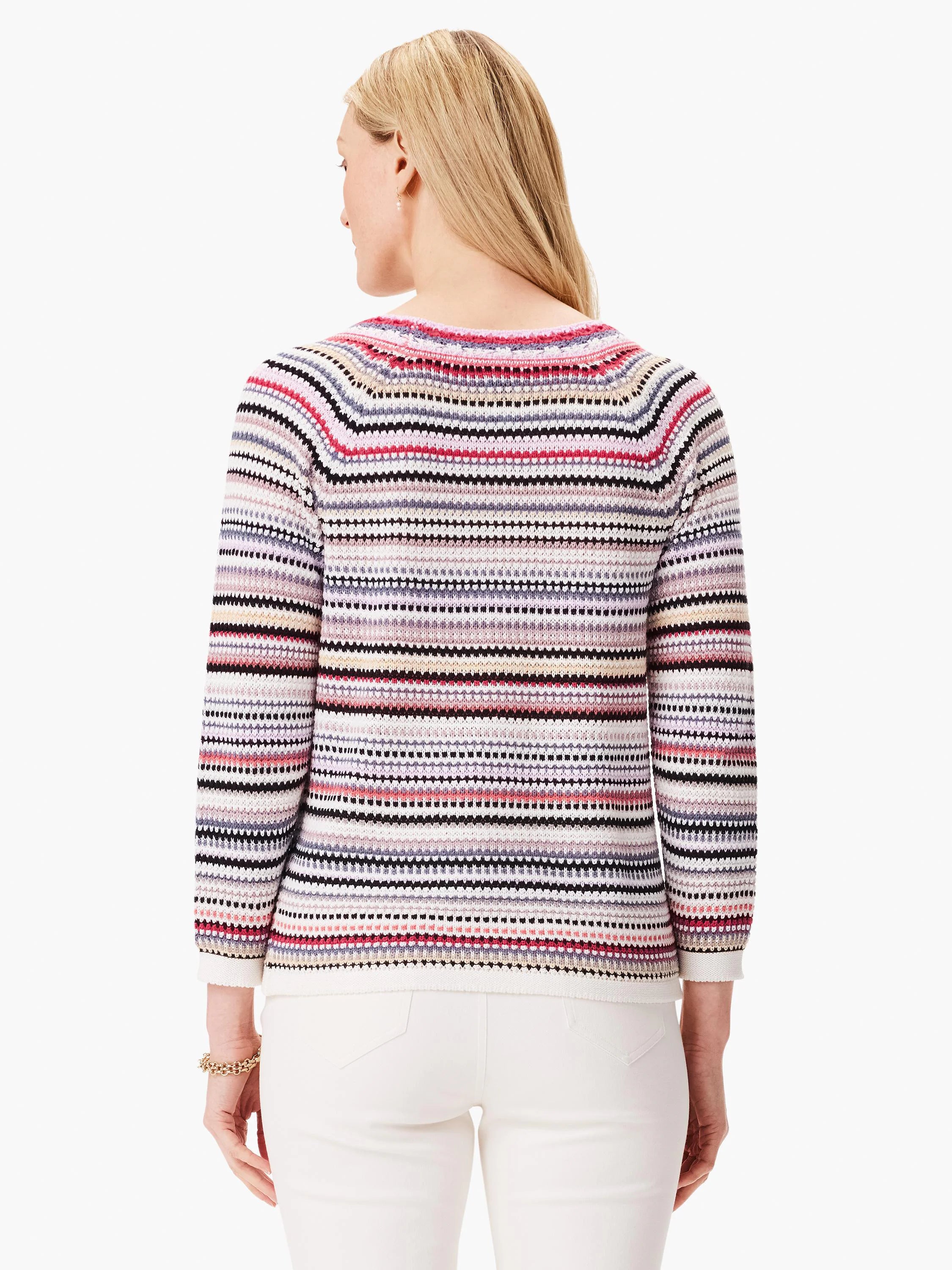 Horizontal striped sweater.  Colors:  off-white, pink, purple, black, beige.  Three-quarter sleeves, boat neck.