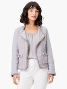 Silver-grey mix knit jacket with fringe trim on lapels/cuffs and two front buttoned pockets.