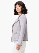 Light grey mix knit jacket with fringe trim on collar, cuffs, hem, and one button pocket.