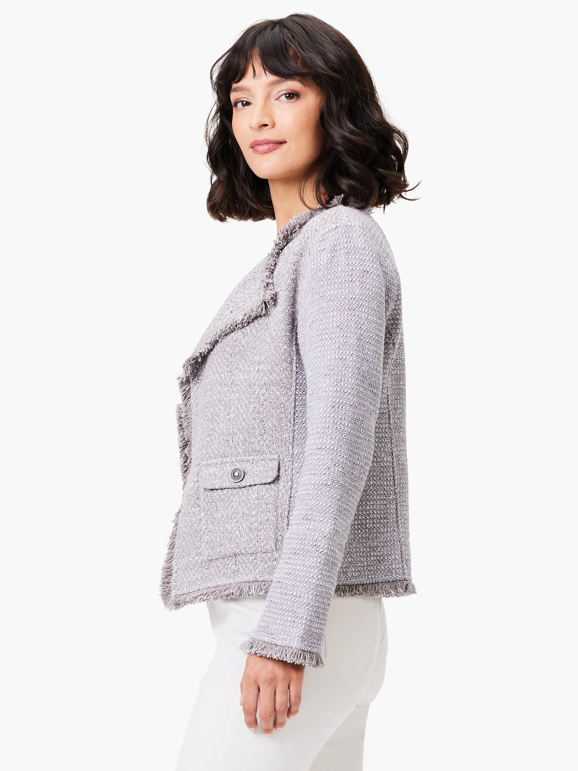 Light grey mix knit jacket with fringe trim on collar, cuffs, hem, and one button pocket.