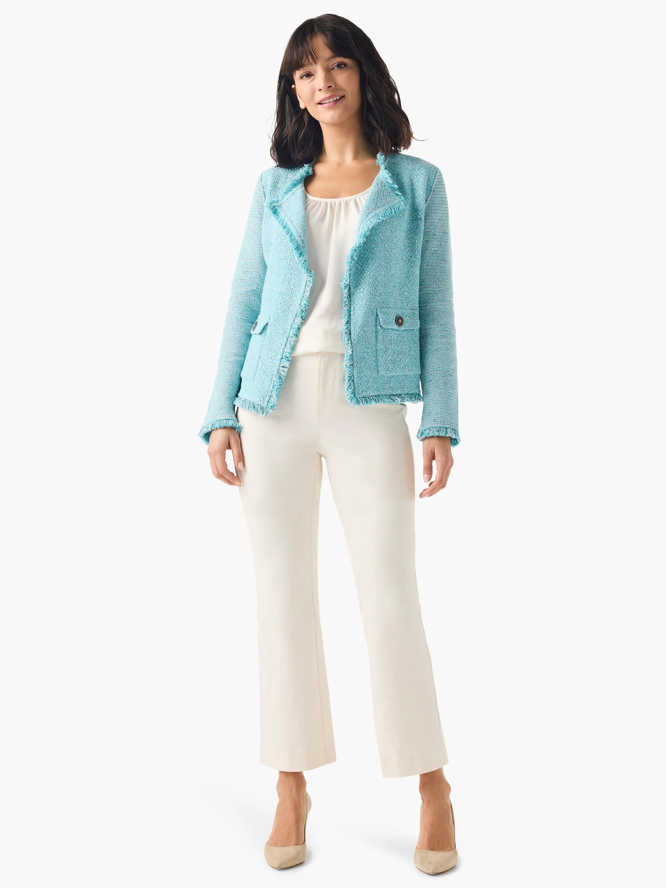 Light blue textured jacket with fringe on lapels, hem, and cuffs, featuring two front flap pockets.