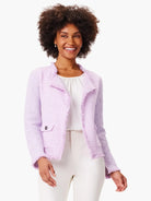 Light lavender mix knit jacket with fringe edges and a single flap chest pocket with a button.