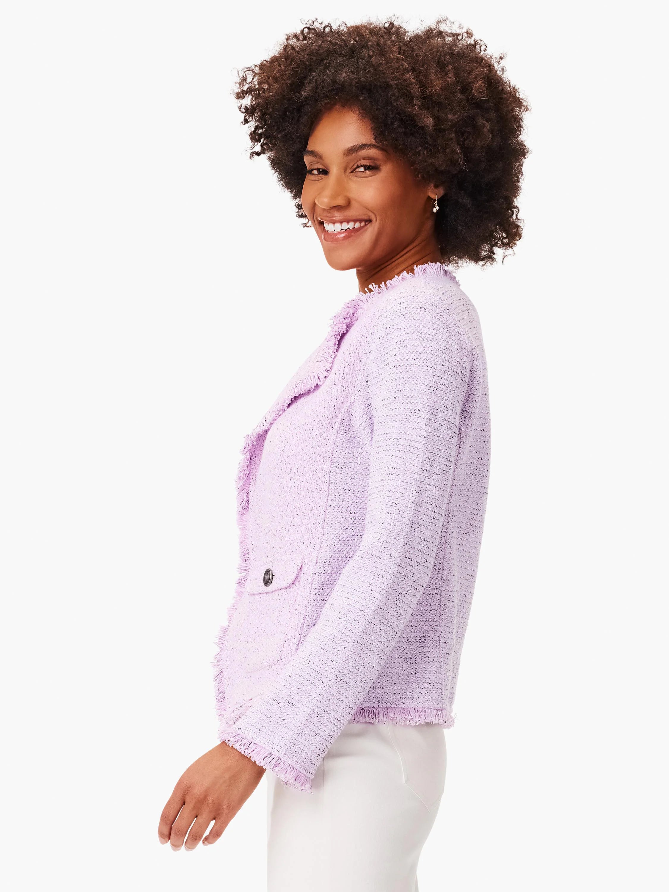 Lavender mix knit jacket with fringe on front, cuffs, and hem, and a single dark buttoned pocket.