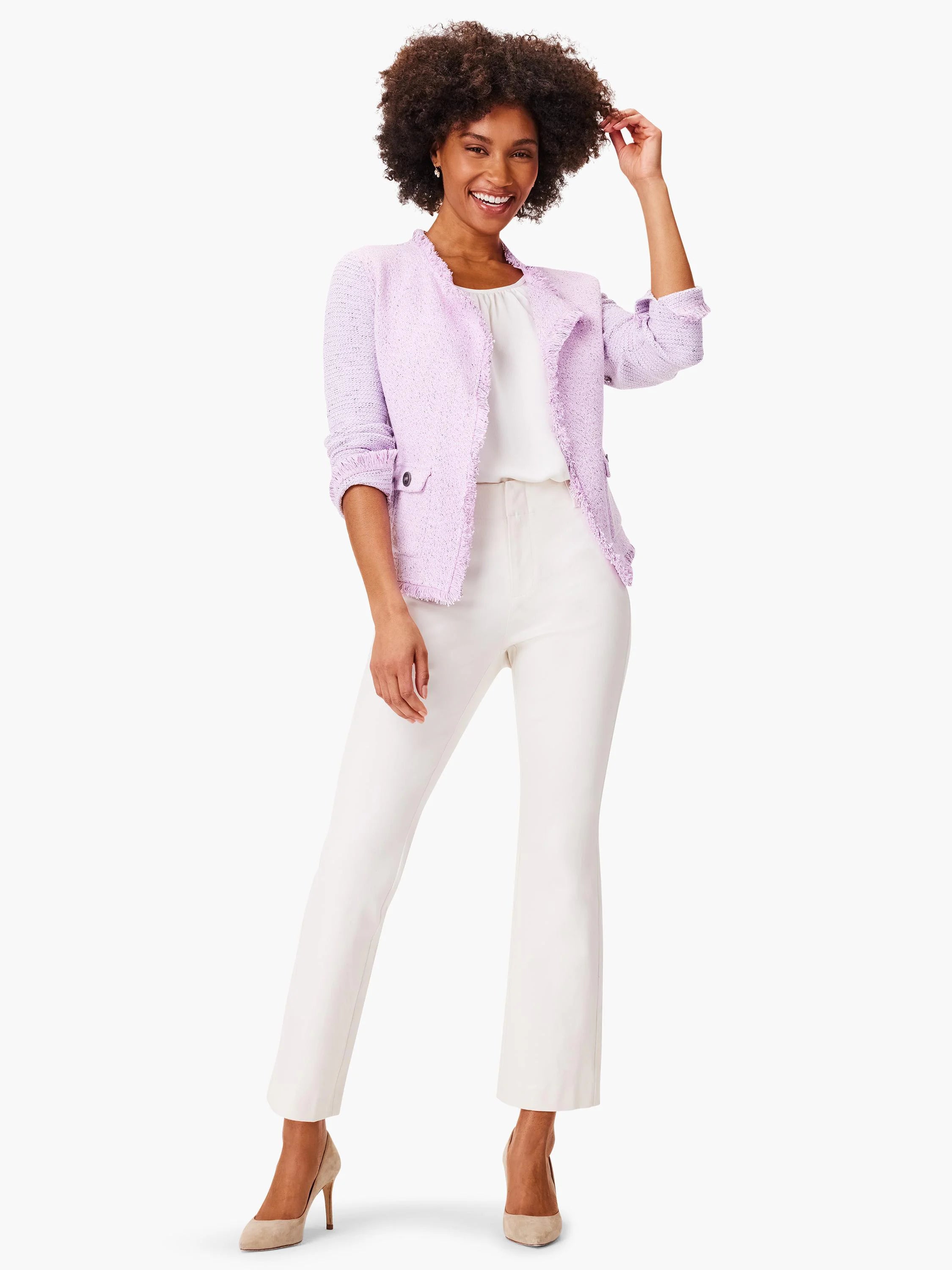 Lavender mix knit jacket with fringe trim on edges, two buttoned flap pockets, and 3/4 rolled sleeves.