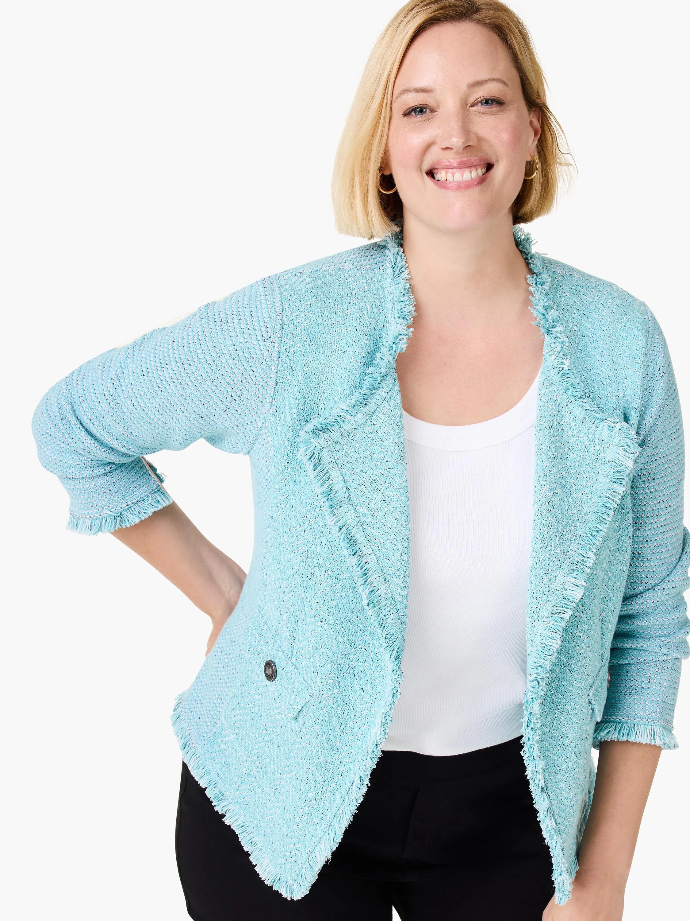 Light blue mixed-knit jacket with fringe trim on lapels and cuffs. Features textured fabric and a dark button pocket detail.
