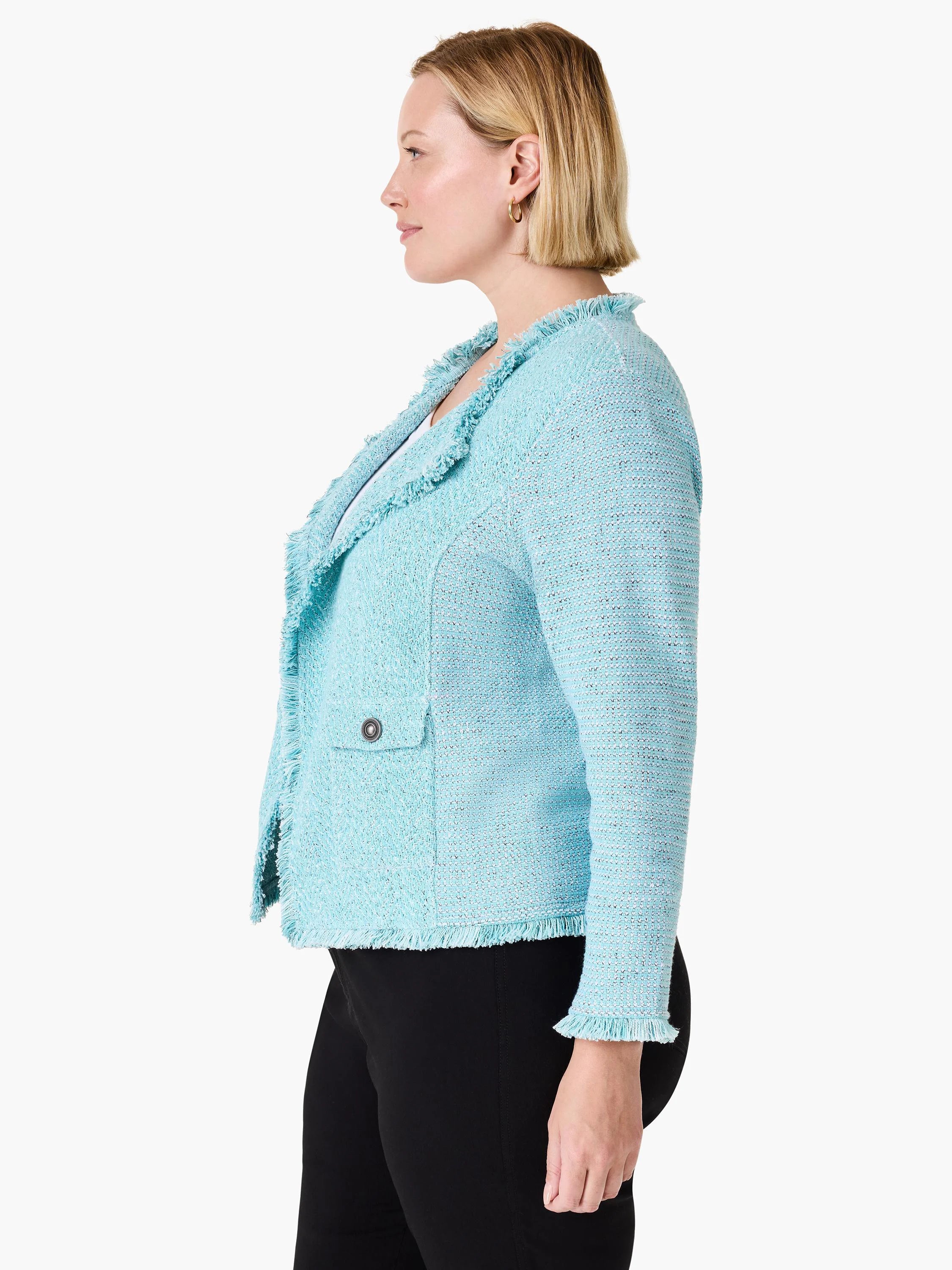 Turquoise mixed knit jacket with fringe on collar, cuffs, and hem. Features one buttoned patch pocket.