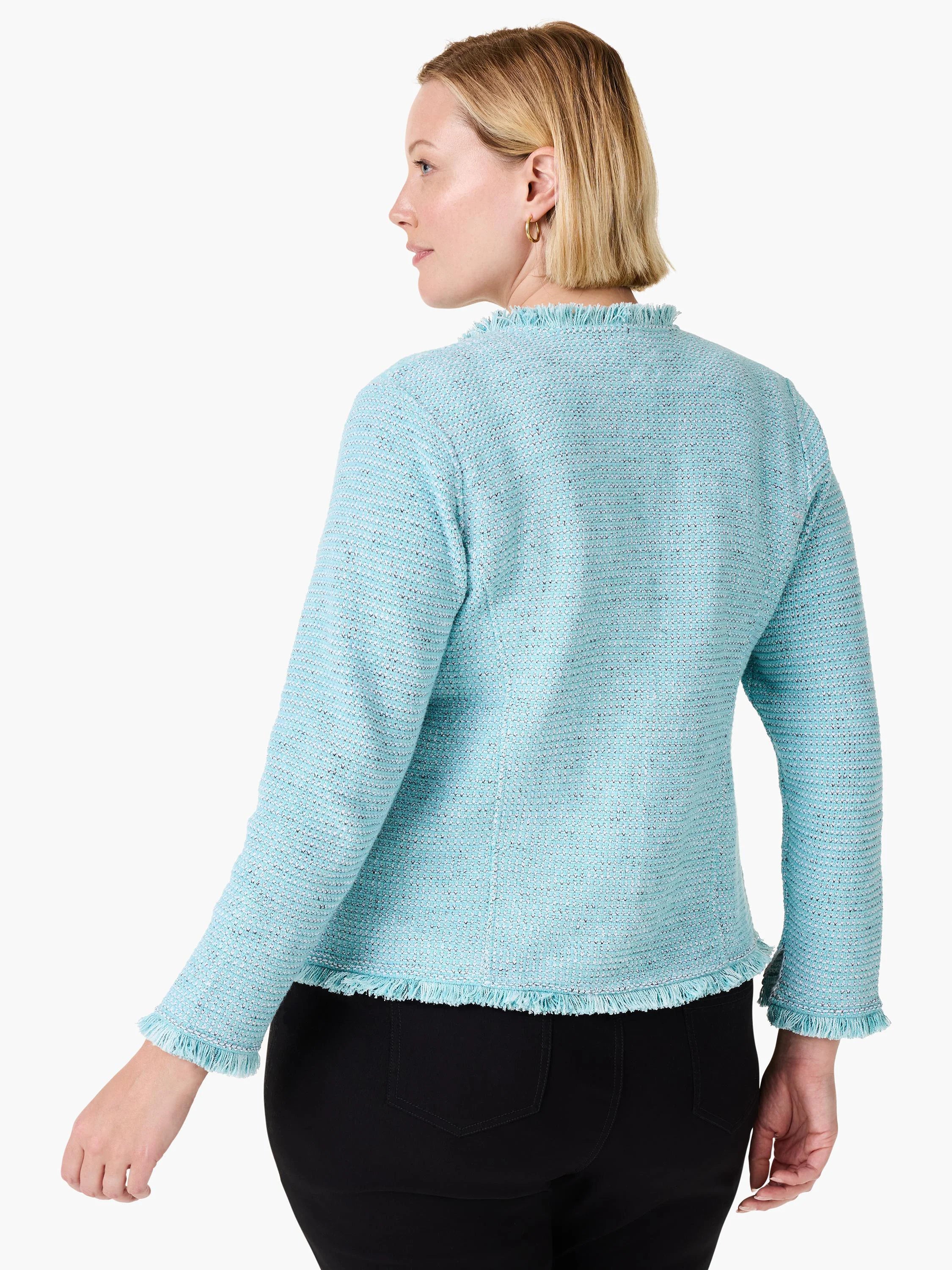 Aqua mix knit jacket with fringe trim at the collar, hem, and cuffs. Model wears it from the back.
