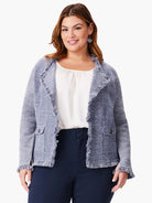 Light blue and white mix knit jacket with fringe on lapels, cuffs, and hem. Features two front flap pockets with buttons.