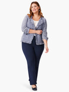 Blue-grey textured knit jacket with fringe trim on lapels, front opening, cuffs, and hem.