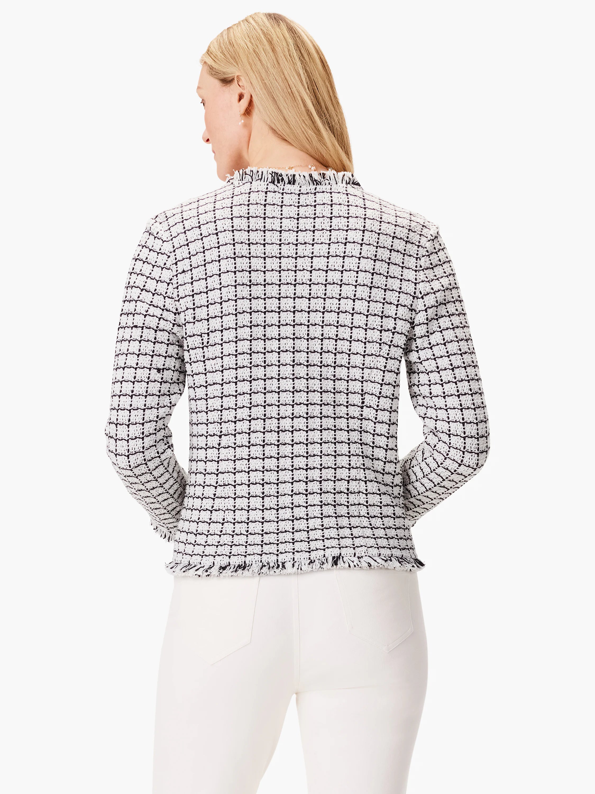 White jacket with dark-grid pattern & frayed edges.  Long sleeves.