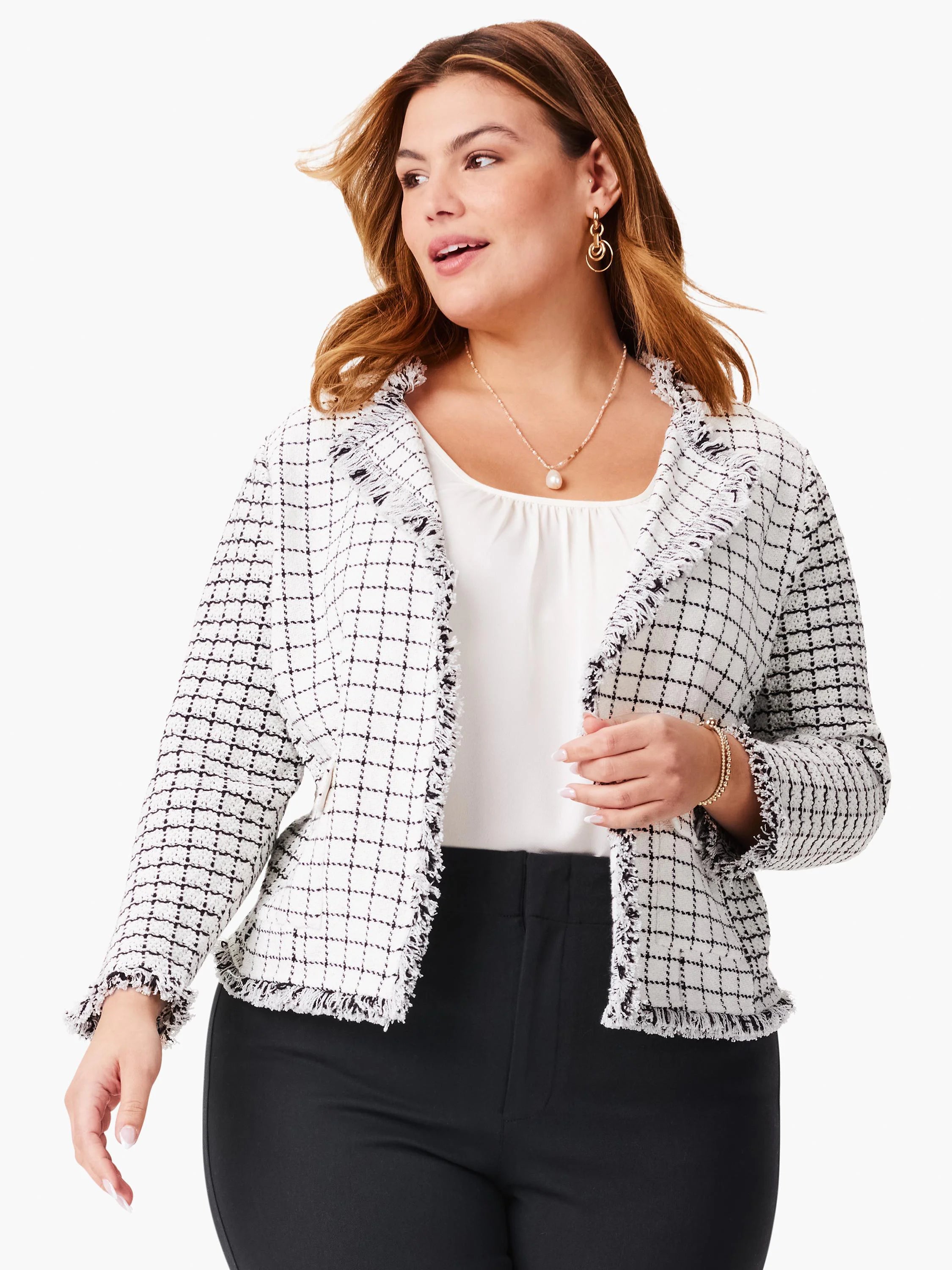 Off-white jacket with black grid pattern and frayed edges.  Pockets visible.