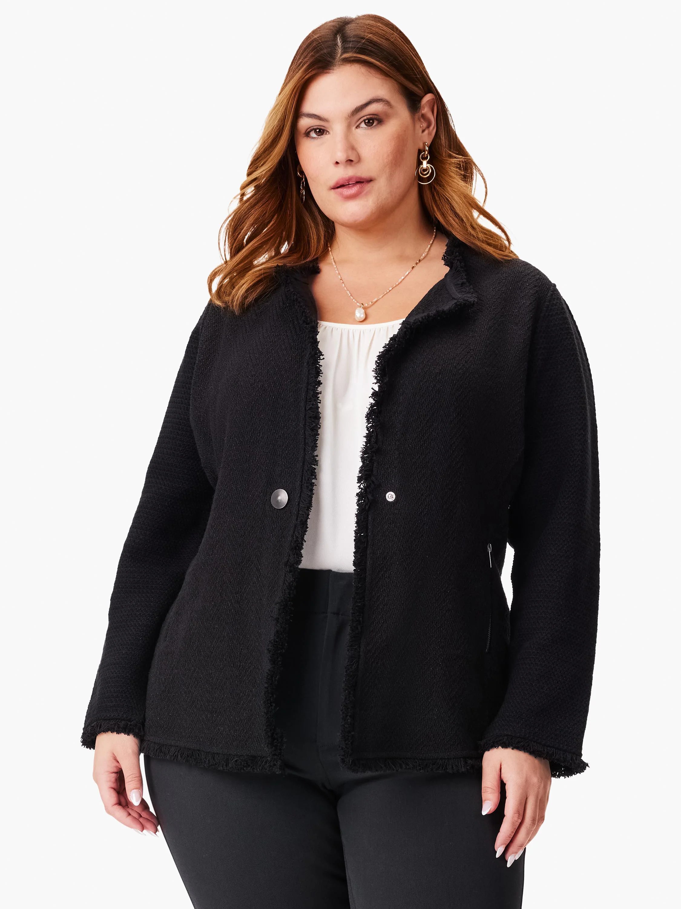 Black knit jacket with long fringe trim along the edges.  Features a textured weave and a button front.