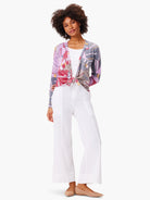 4-way cardigan, purple, pink, red, gray mosaic print.  Long sleeves, tied at waist.