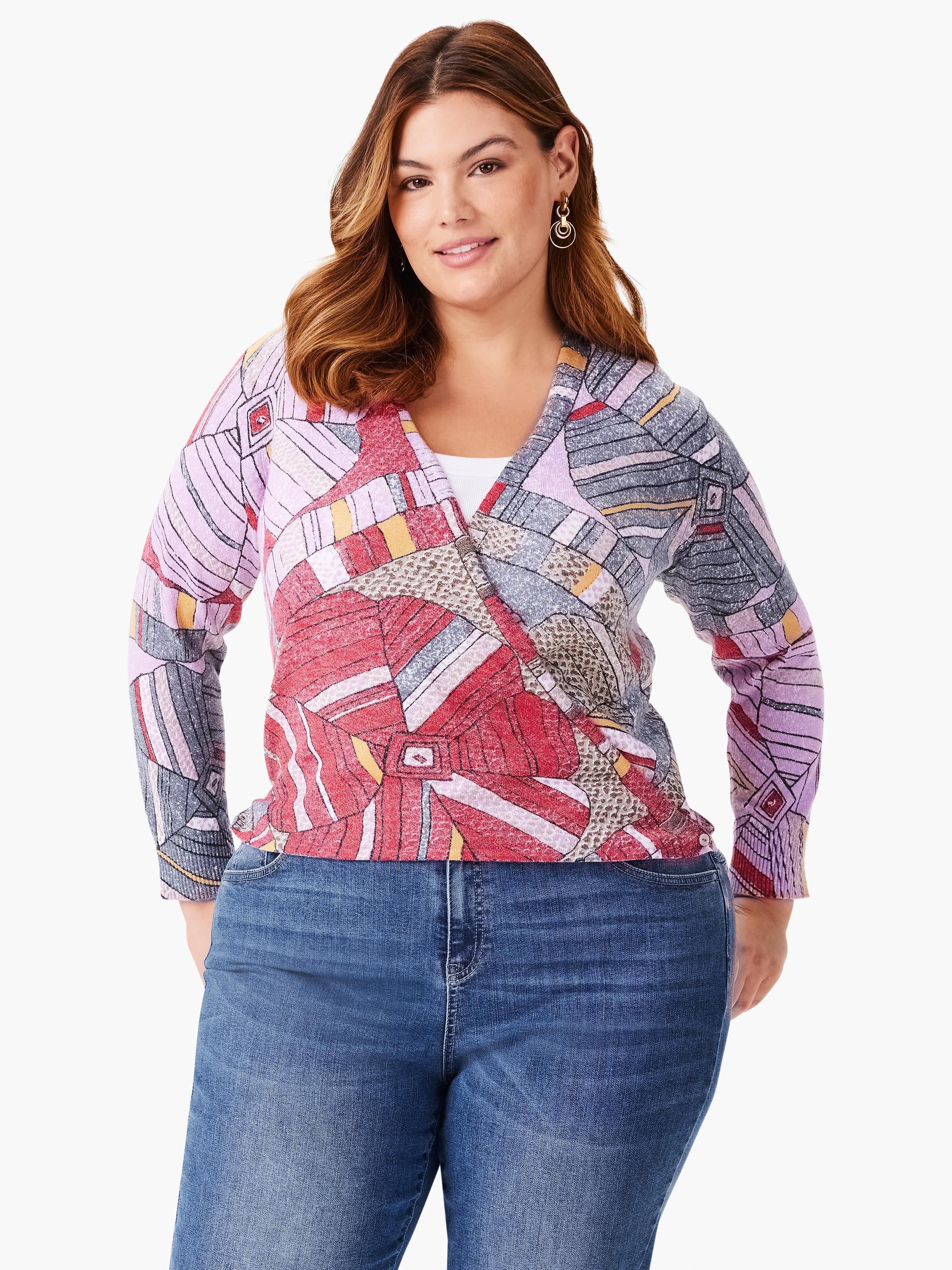 Here's alt text for the image, under 125 characters:

4-way cardigan with abstract floral mosaic print in pinks, reds,...
