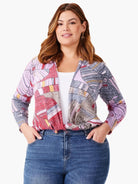 4-way cardigan with abstract mosaic floral print in lavender, gray, red, and yellow tones. Open front. Three-quarter sleeves.