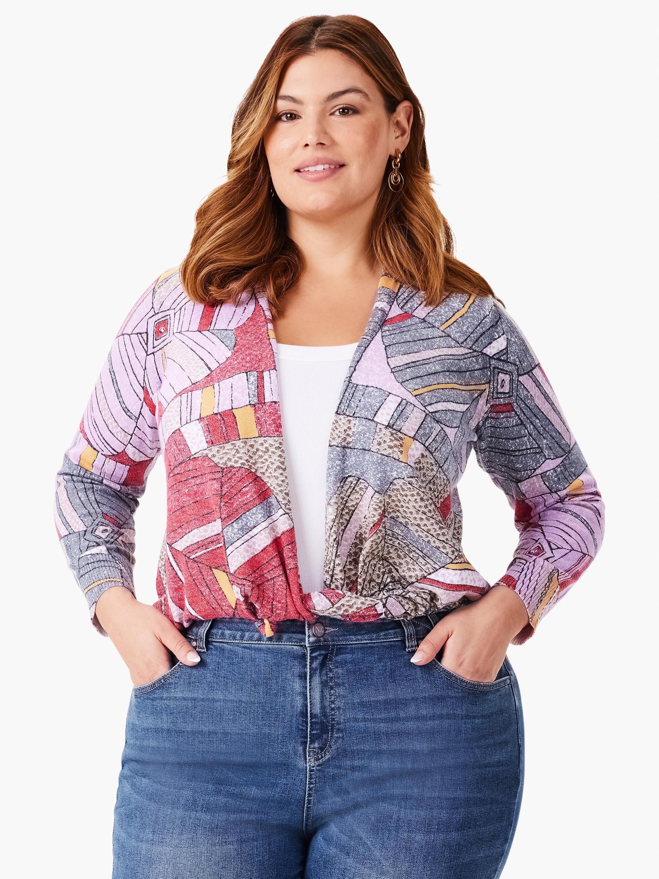 4-way cardigan with abstract mosaic floral print in lavender, gray, red, and yellow tones. Open front. Three-quarter sleeves.