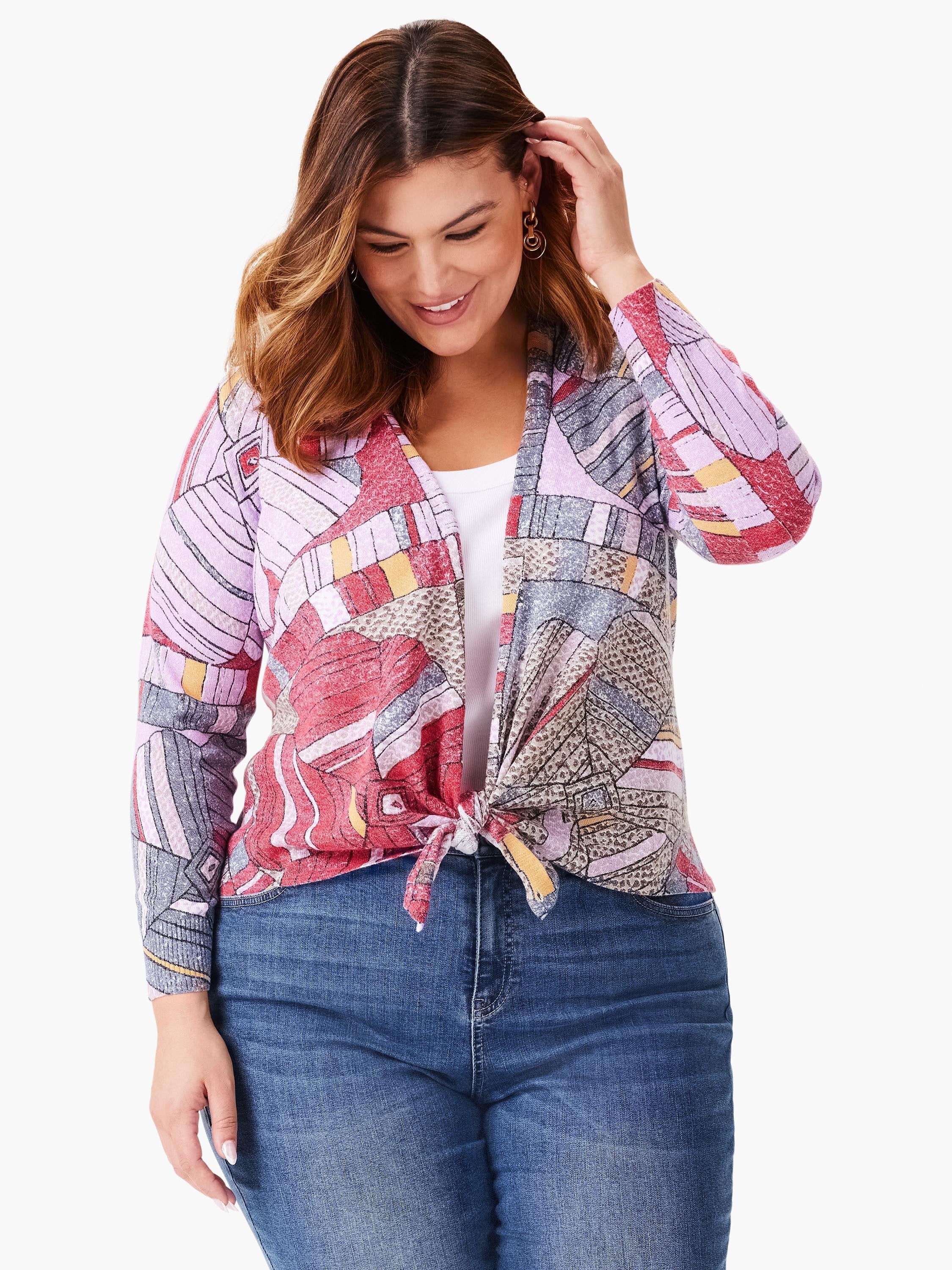 4-way cardigan with multicolored floral mosaic pattern in pinks, purples, grays, and yellows.  Front ties at waist.
