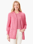 Pink heather open cardigan, three-quarter sleeves.