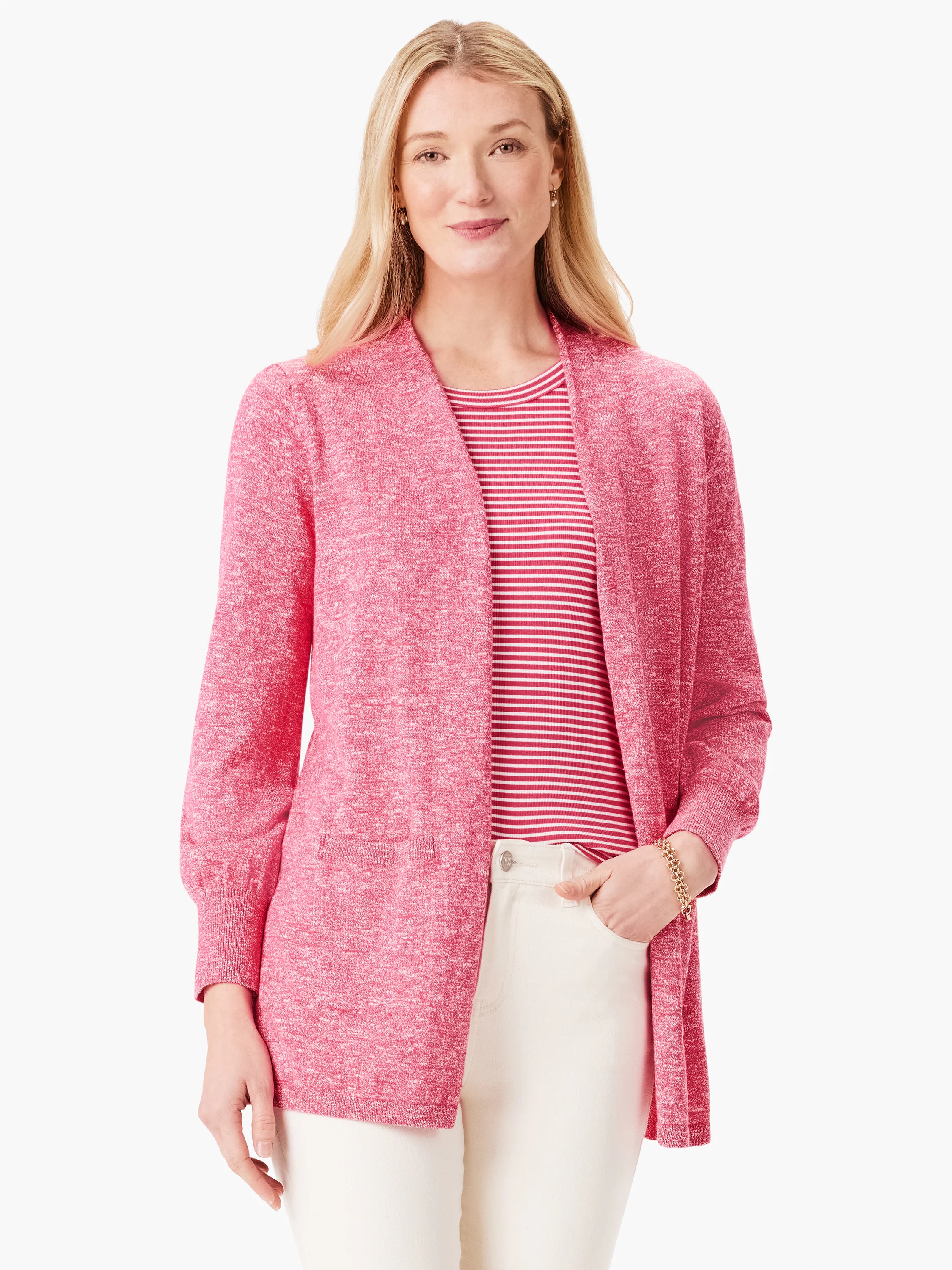 Pink heather open cardigan, three-quarter sleeves.