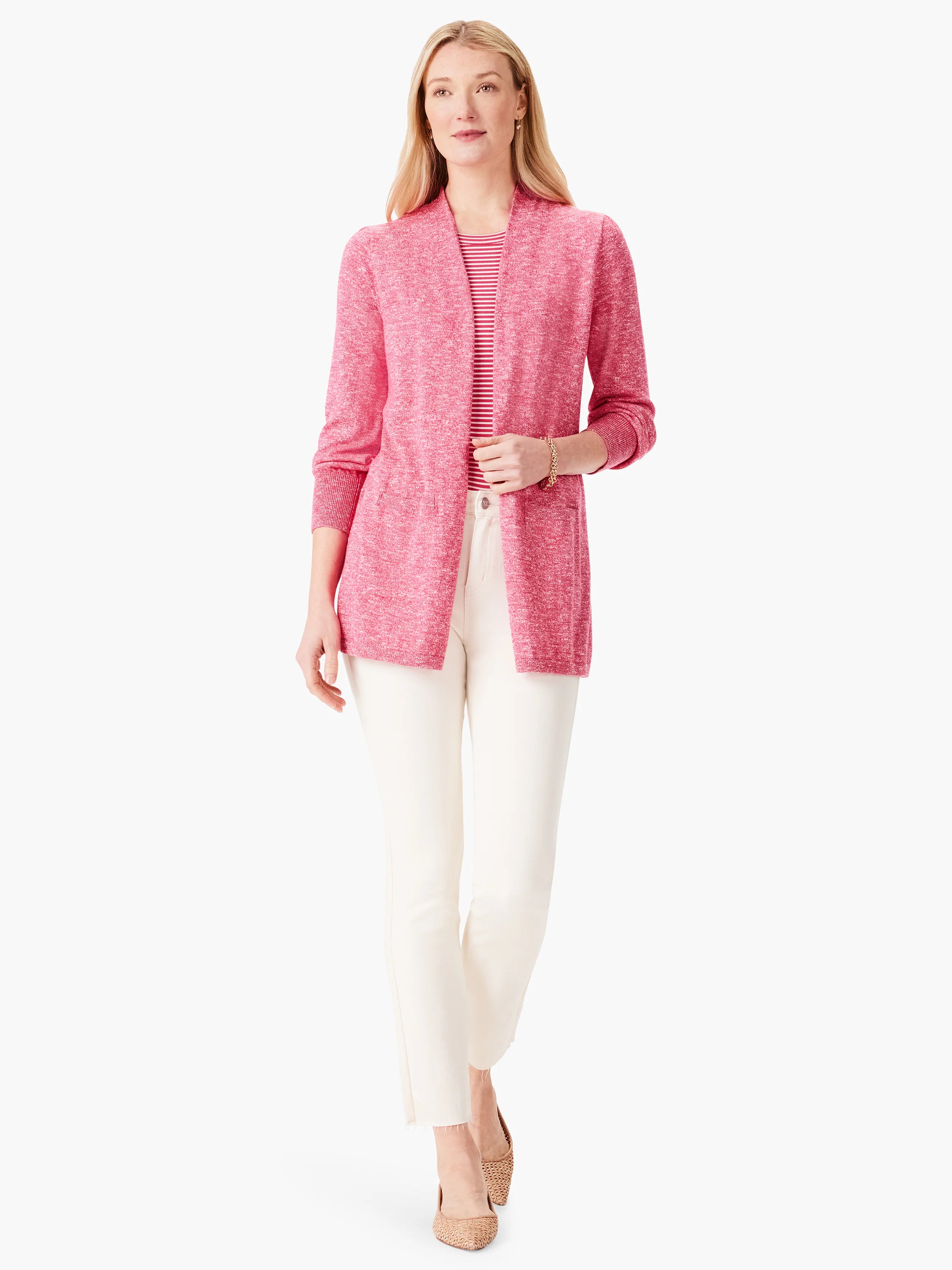 Pink open-front cardigan, speckled texture, three-quarter sleeves, shown on a model.