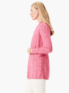 Pink heather long-sleeve cardigan, open front.  Ribbed details at sides.