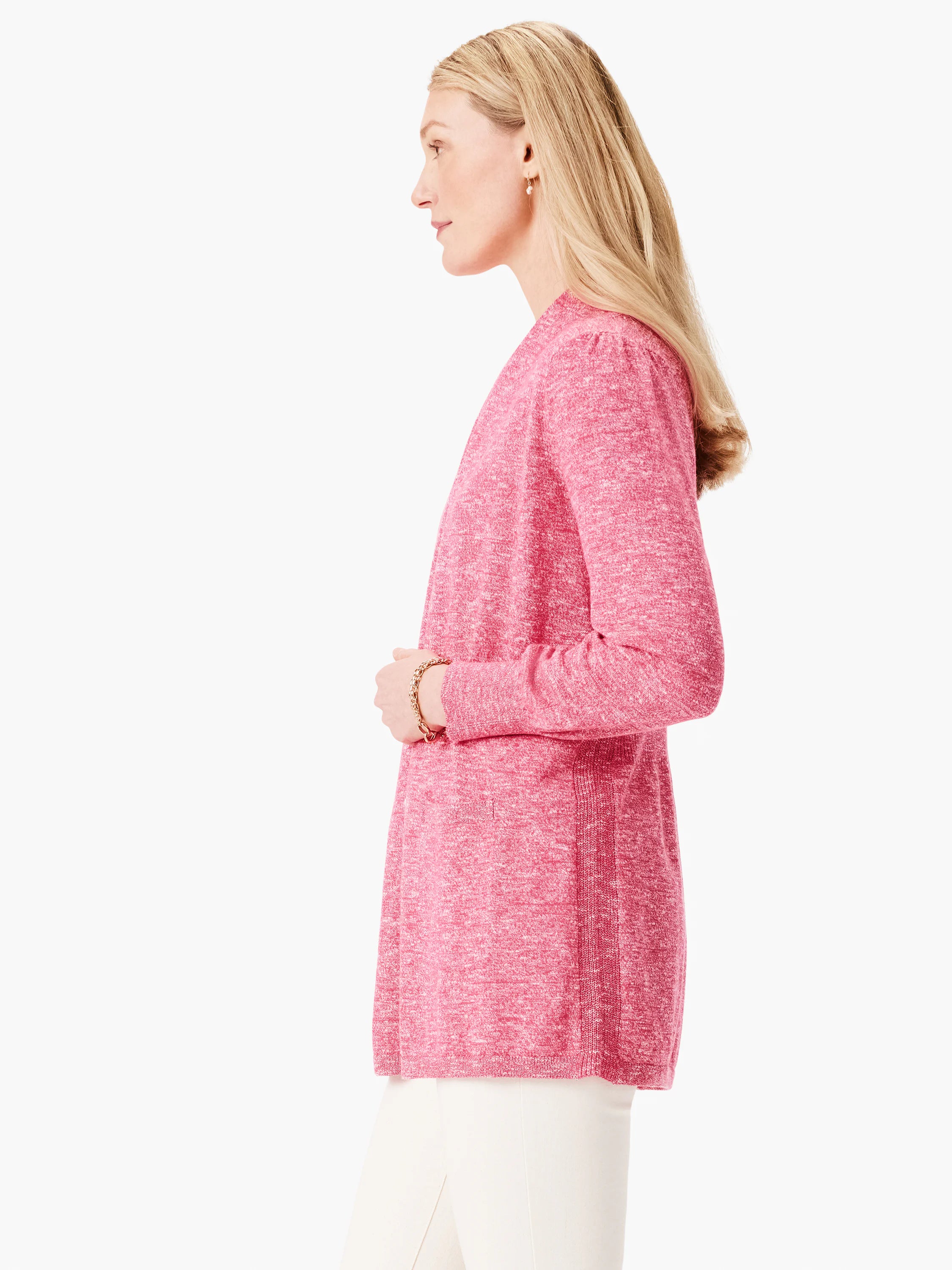 Pink heather long-sleeve cardigan, open front.  Ribbed details at sides.