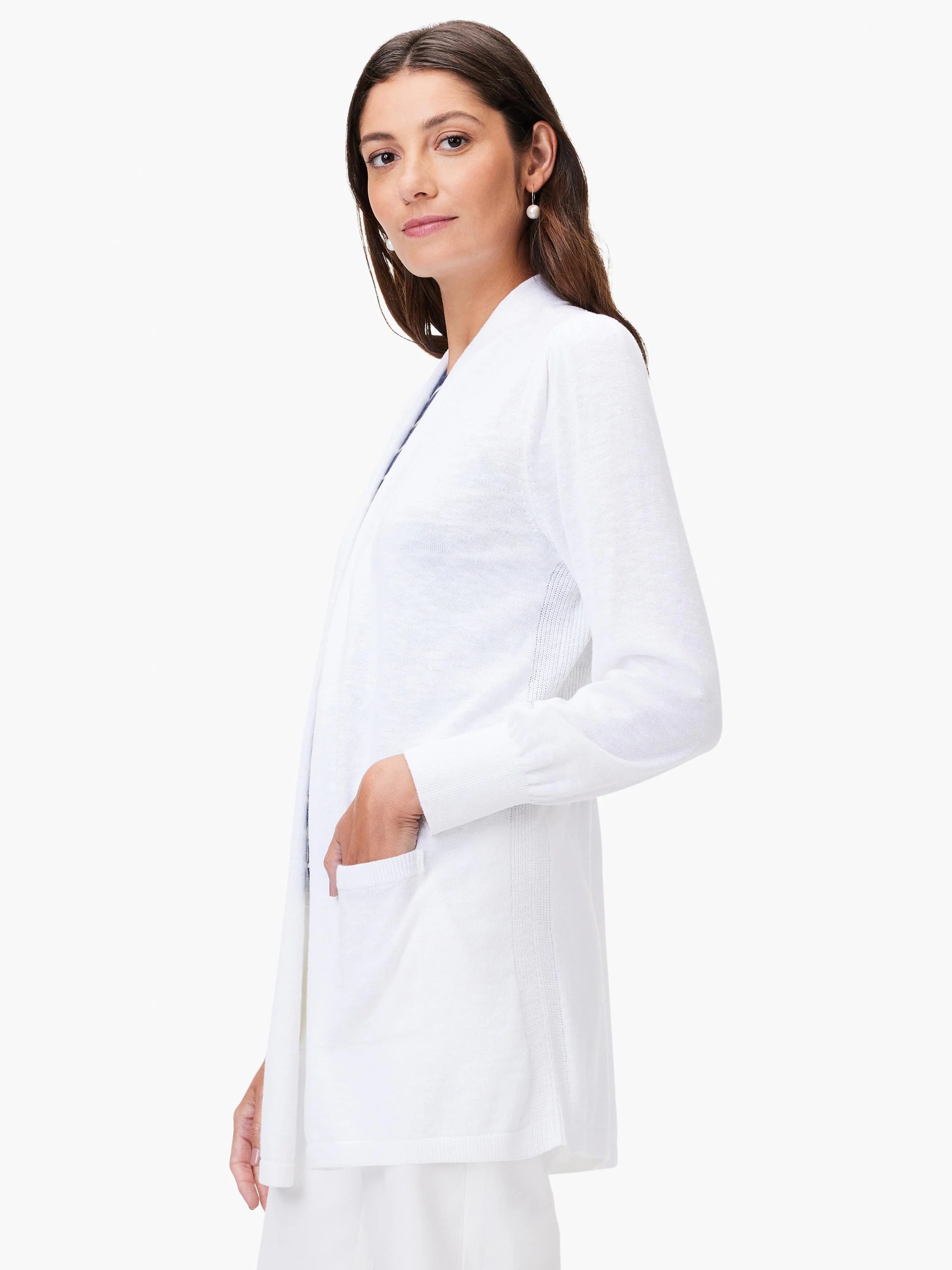 White open-front cardigan, long sleeves, ribbed detail at sides, and pockets.