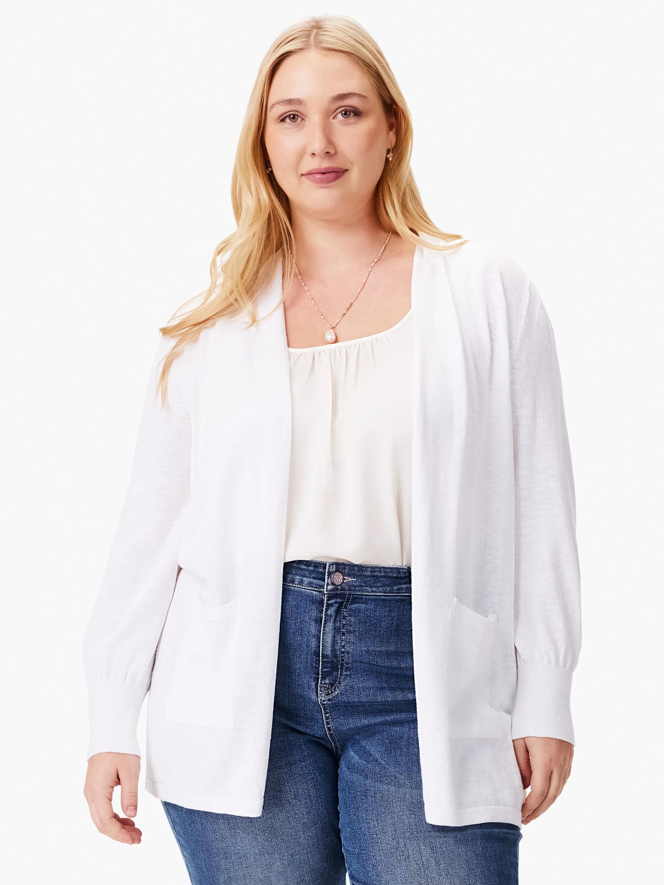 White open cardigan, long sleeves, banded cuffs, and side pockets.