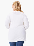 White knit cardigan, three-quarter sleeves,  slightly fitted.  Rear view.