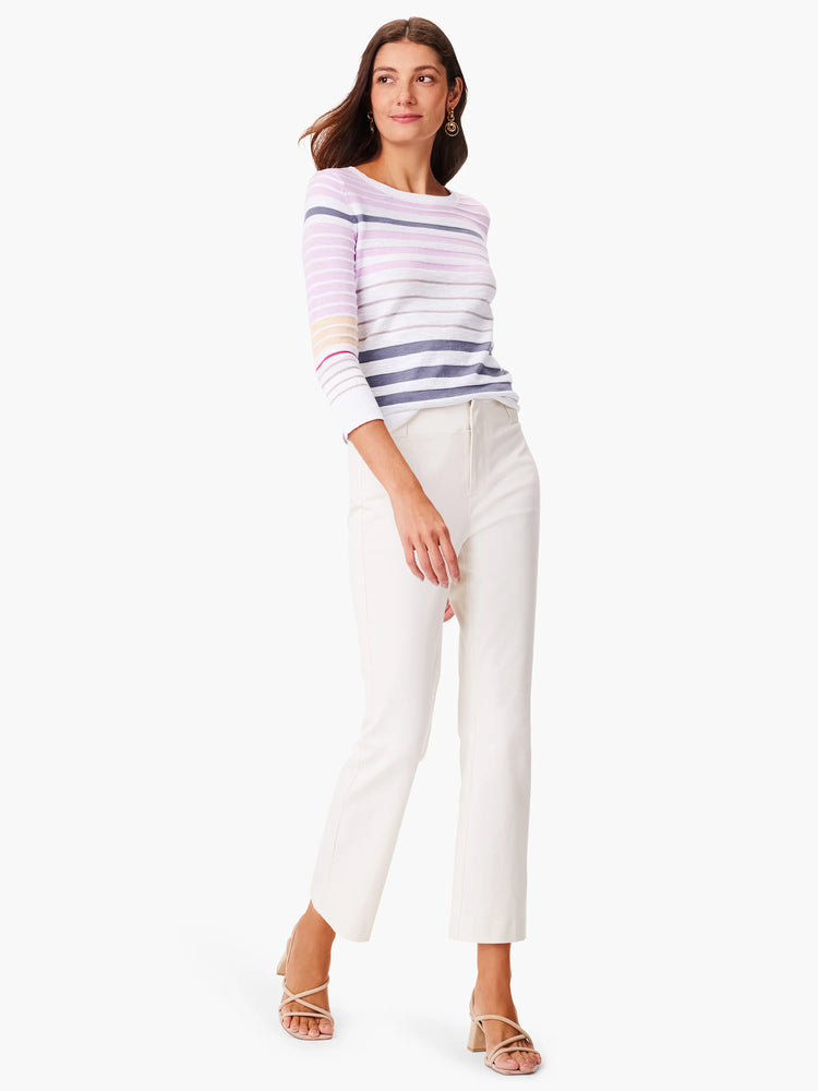 Here's alt text under 125 characters:

"Lavender, gray, and white horizontal striped sweater. Three-quarter sleeves,...