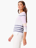 White, lavender, grey, and beige horizontal stripes on a 3/4 sleeve sweater.