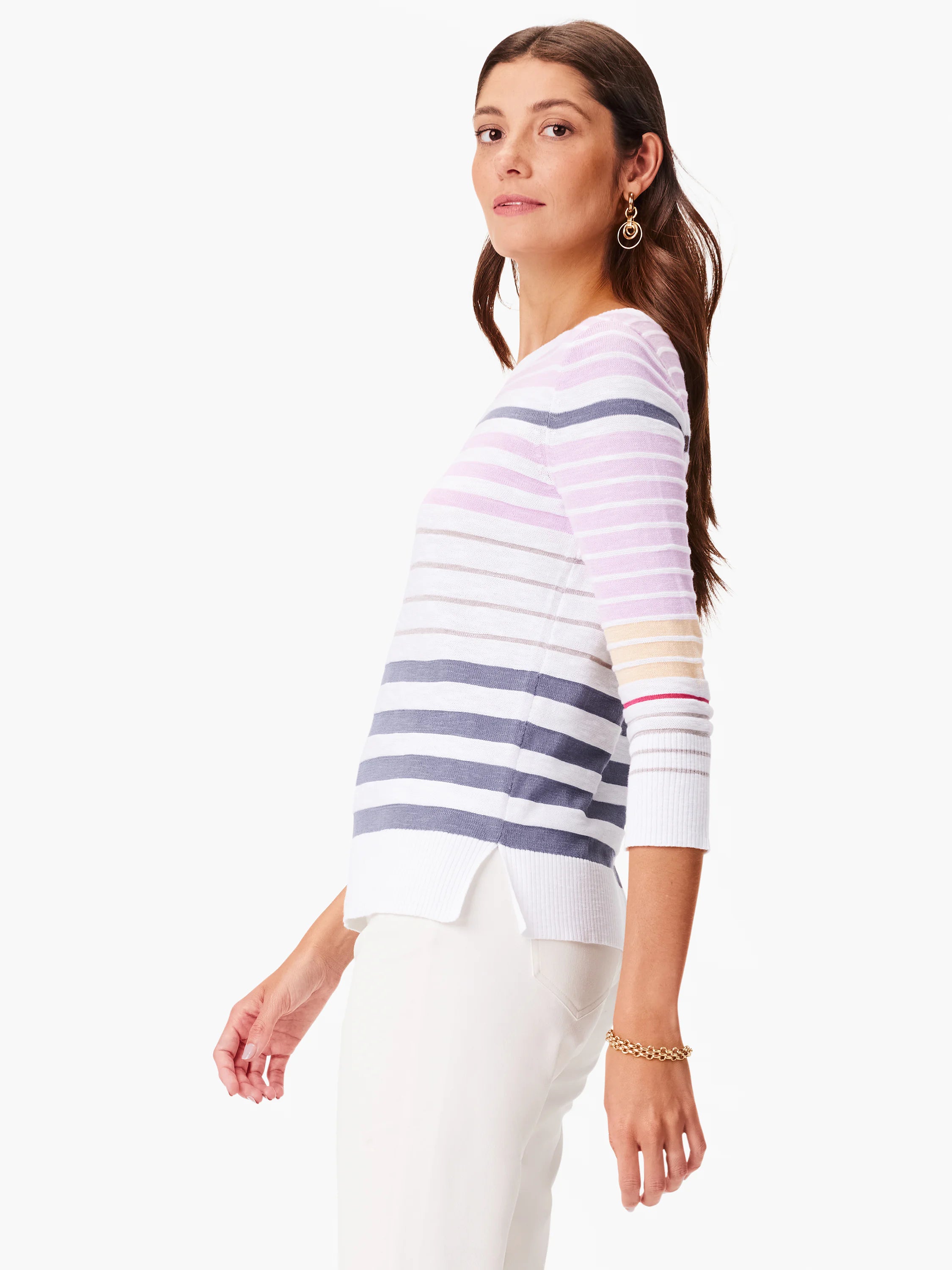 White, lavender, grey, and beige horizontal stripes on a 3/4 sleeve sweater.