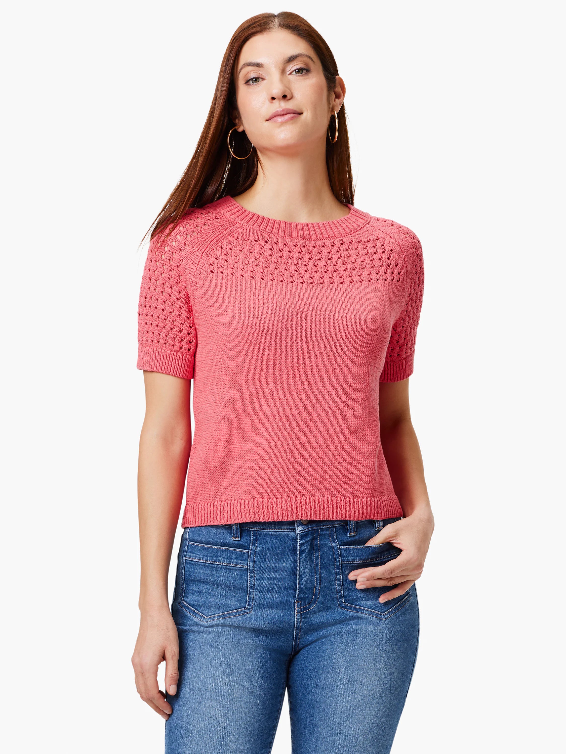 Pink crocheted sweater tee with short sleeves and eyelet detail at shoulders and neckline.