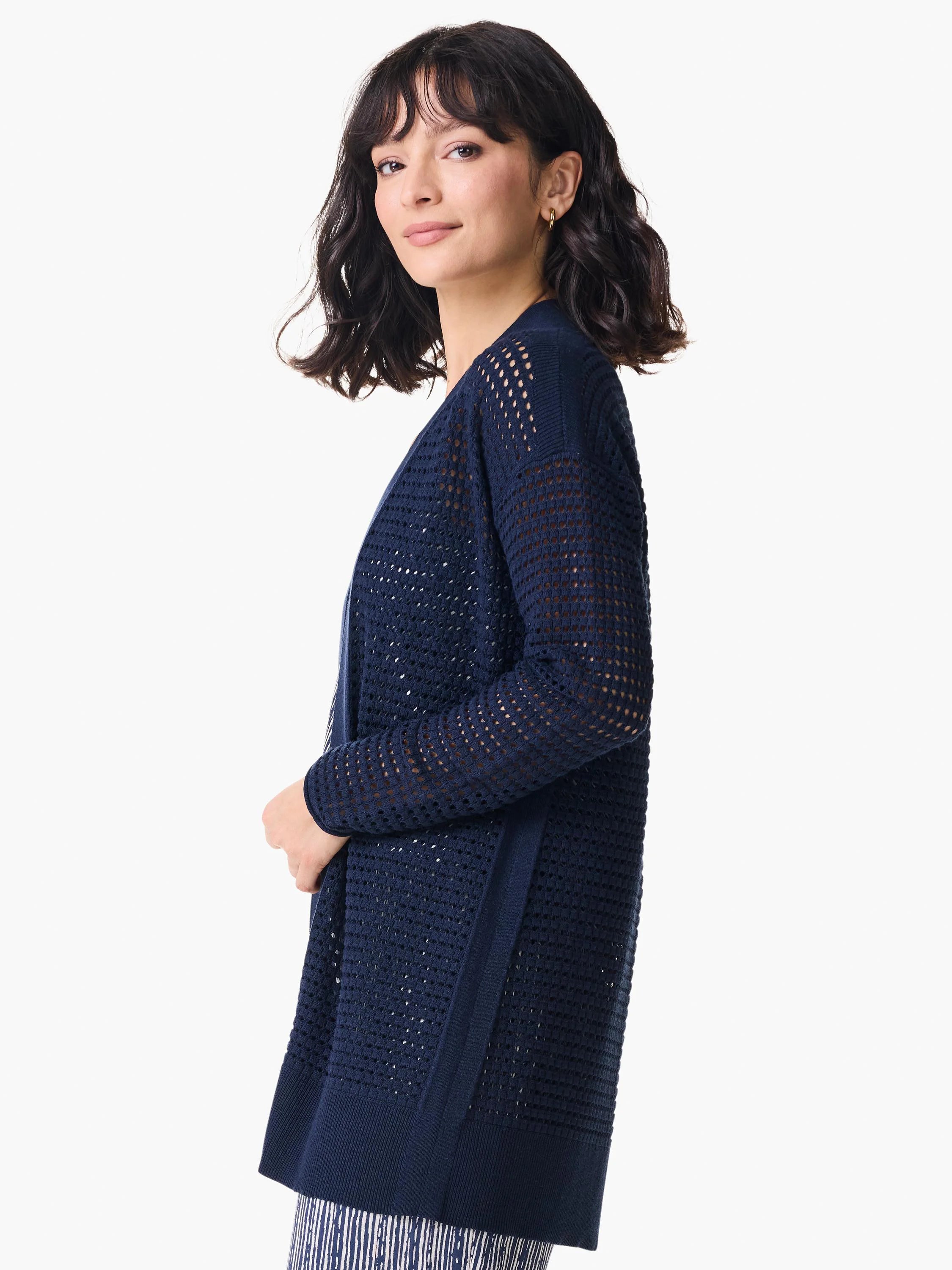 Navy blue mesh cardigan, open front, long sleeves, knit fabric.  The mesh pattern is visible throughout.