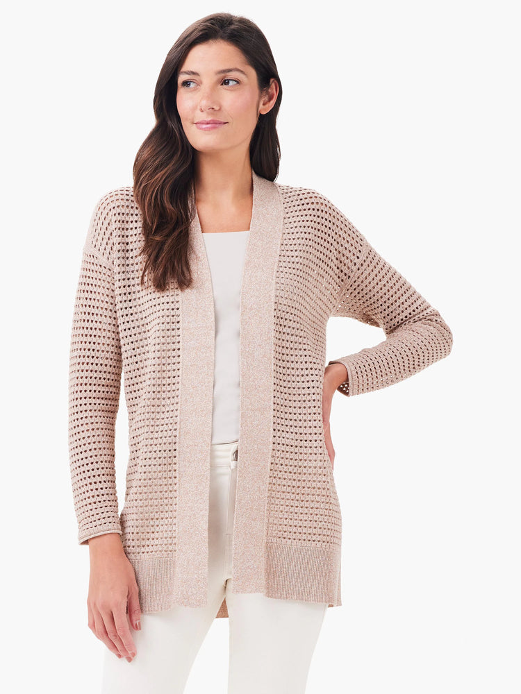 Beige open-front cardigan with a mesh pattern.  Long sleeves, knit fabric.