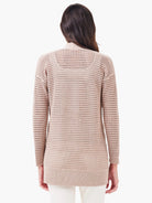 Beige open-weave cardigan, long sleeves,  open front.  Mesh pattern throughout.