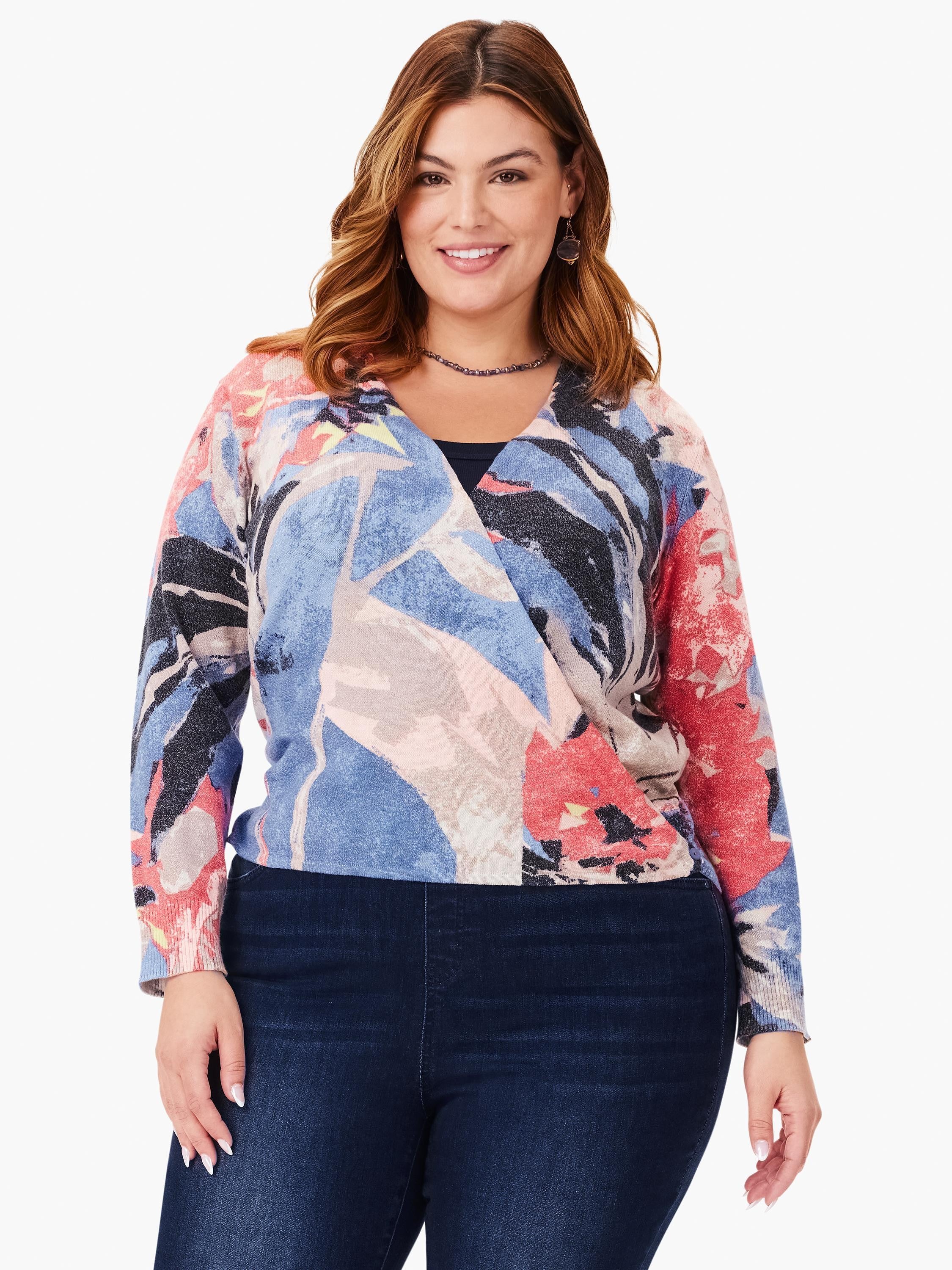 4-way cardigan with abstract blue, pink, coral, and gray print.  Long sleeves, wrap style.