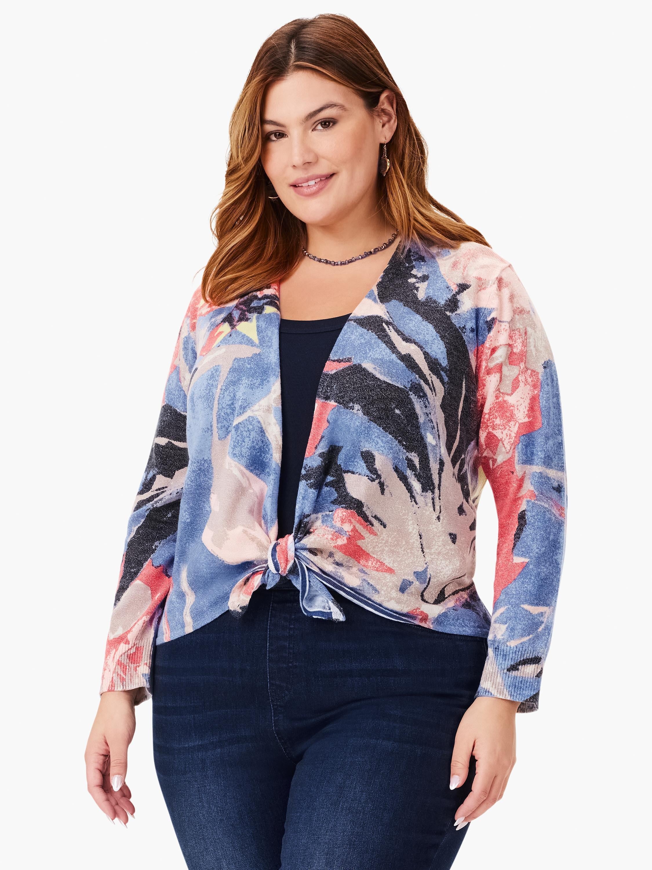 Blue, pink, and gray abstract floral print 4-way cardigan, tied at the waist.  Long sleeves, open front.