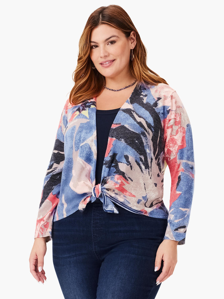 Blue, pink, and gray abstract floral print 4-way cardigan, tied at the waist.  Long sleeves, open front.