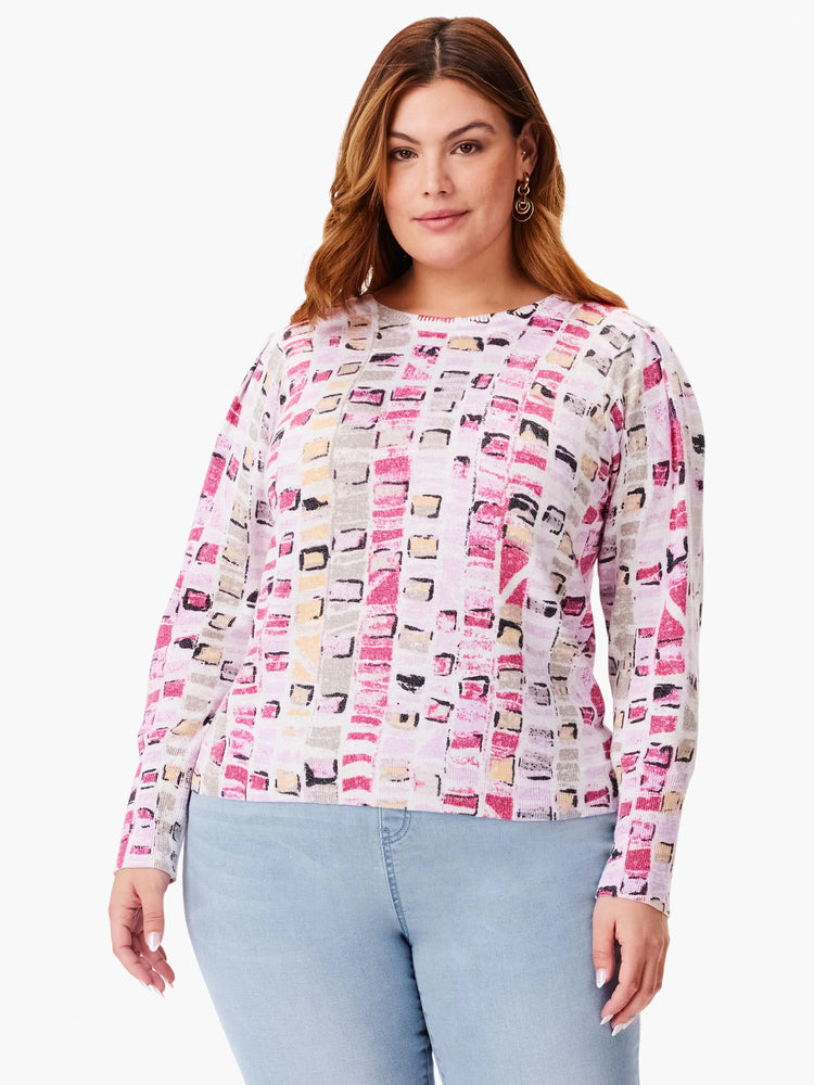 Geo Mosaic Sweater.  White base with pink, gray, and beige abstract blocks. Long sleeves, crew neck.
