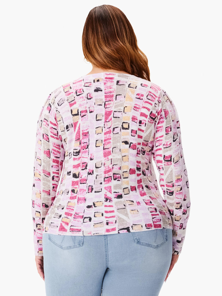 Pink, gray, and beige mosaic-patterned sweater. Long sleeves.  Back view.