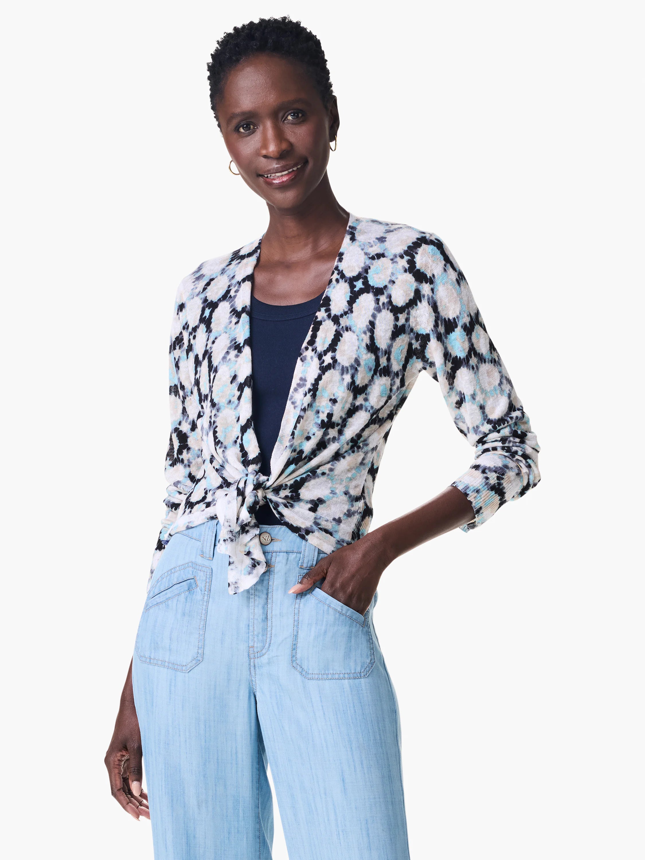 4-way cardigan with light blue, beige, and black tie-dye pattern;  three-quarter sleeves; front tie.