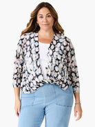 4-way cardigan; light blue, beige, black tie-dye pattern; 3/4 sleeves; knotted front.