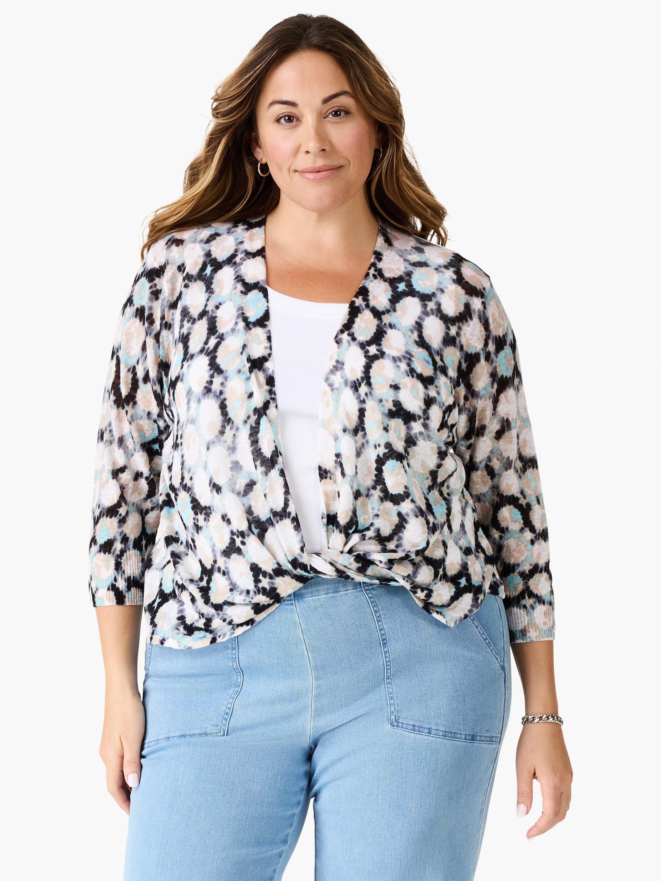 4-way cardigan; light blue, beige, black tie-dye pattern; 3/4 sleeves; knotted front.