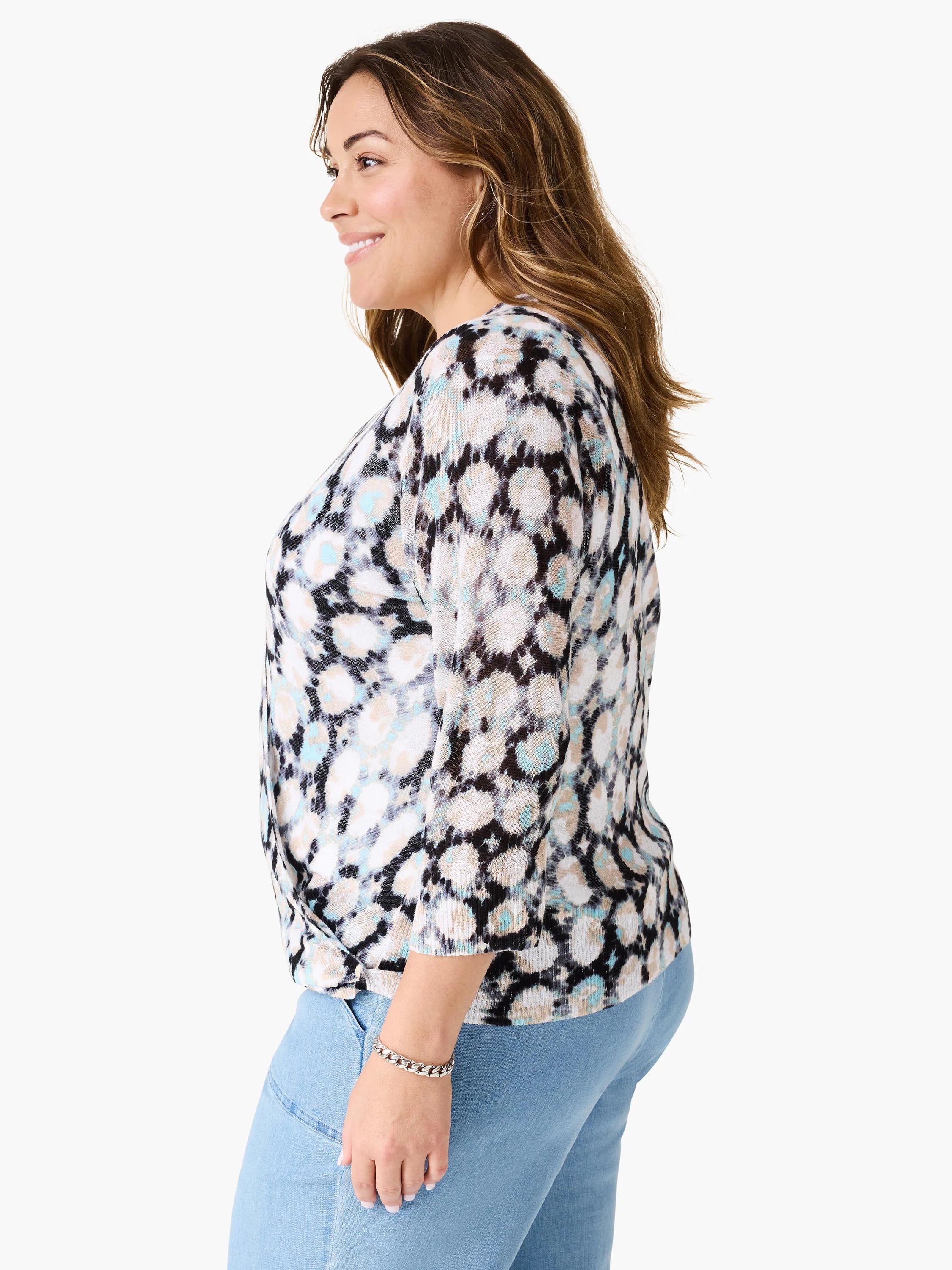 4-way cardigan; black, beige, teal pattern on a white background; 3/4 sleeves; side profile view.