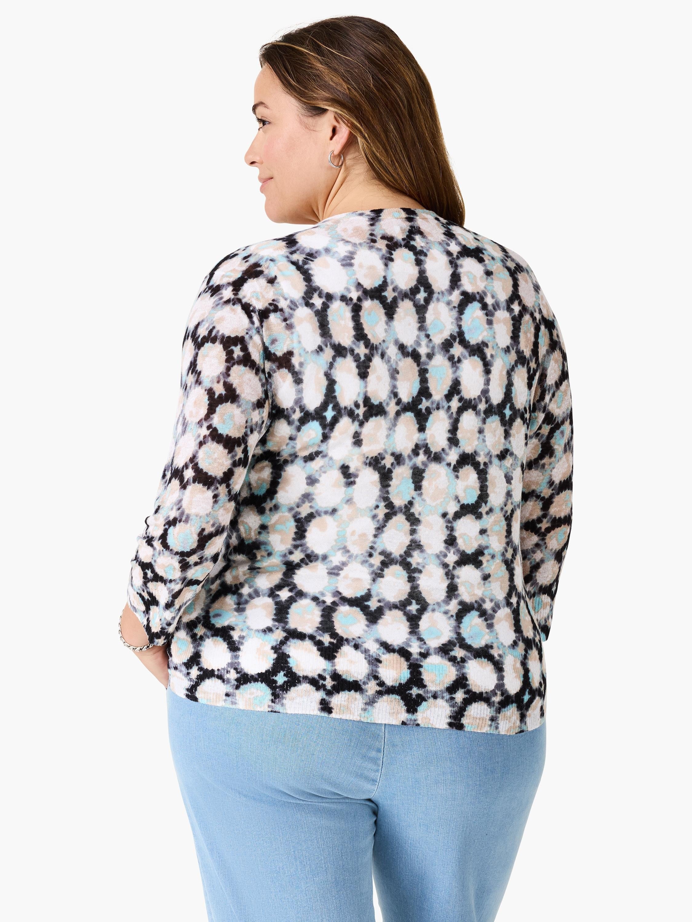 4-way cardigan, beige, black, and teal tie-dye pattern, 3/4 sleeves.