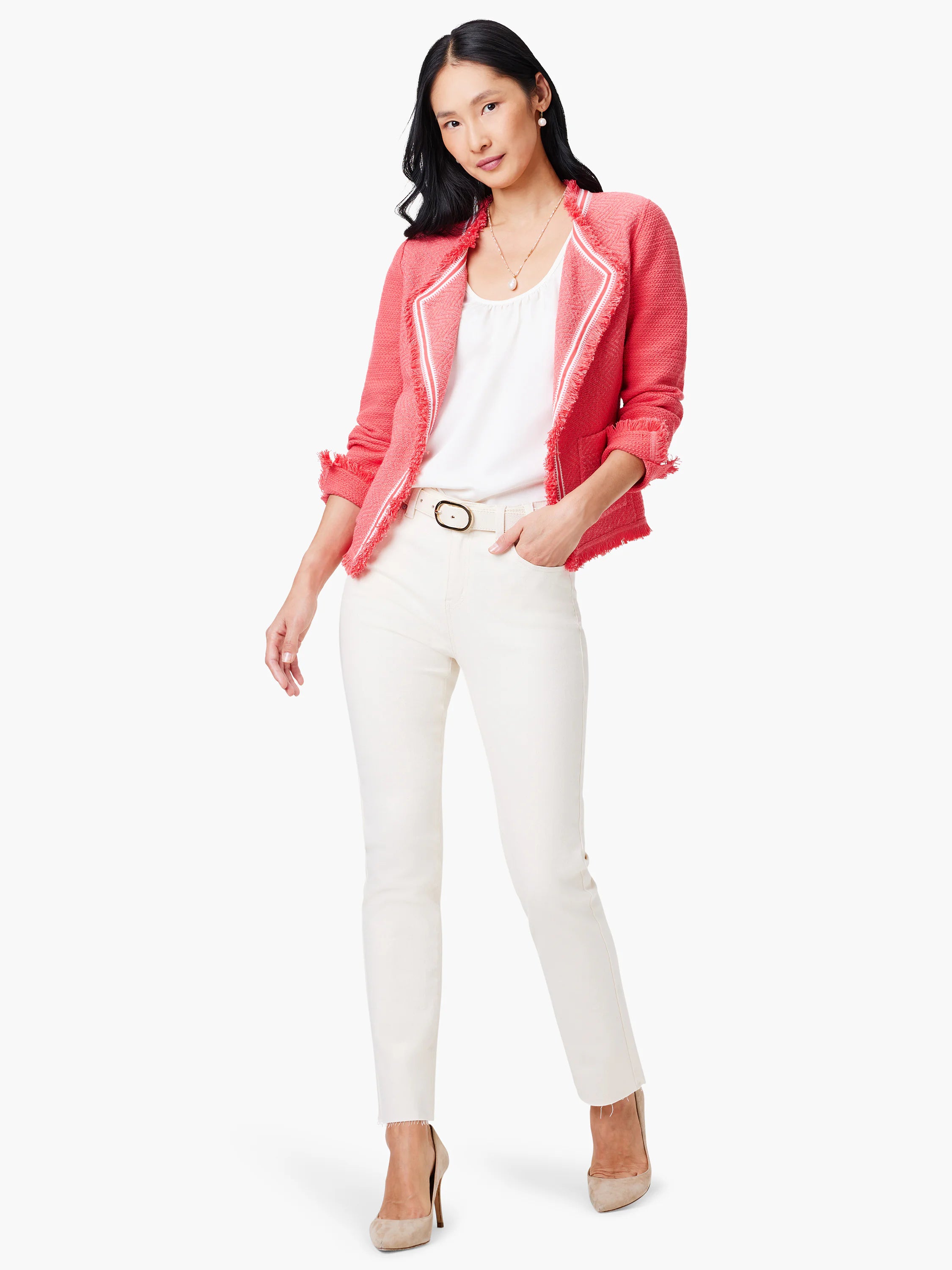 Coral knit jacket with white fringe trim.  Short sleeves.