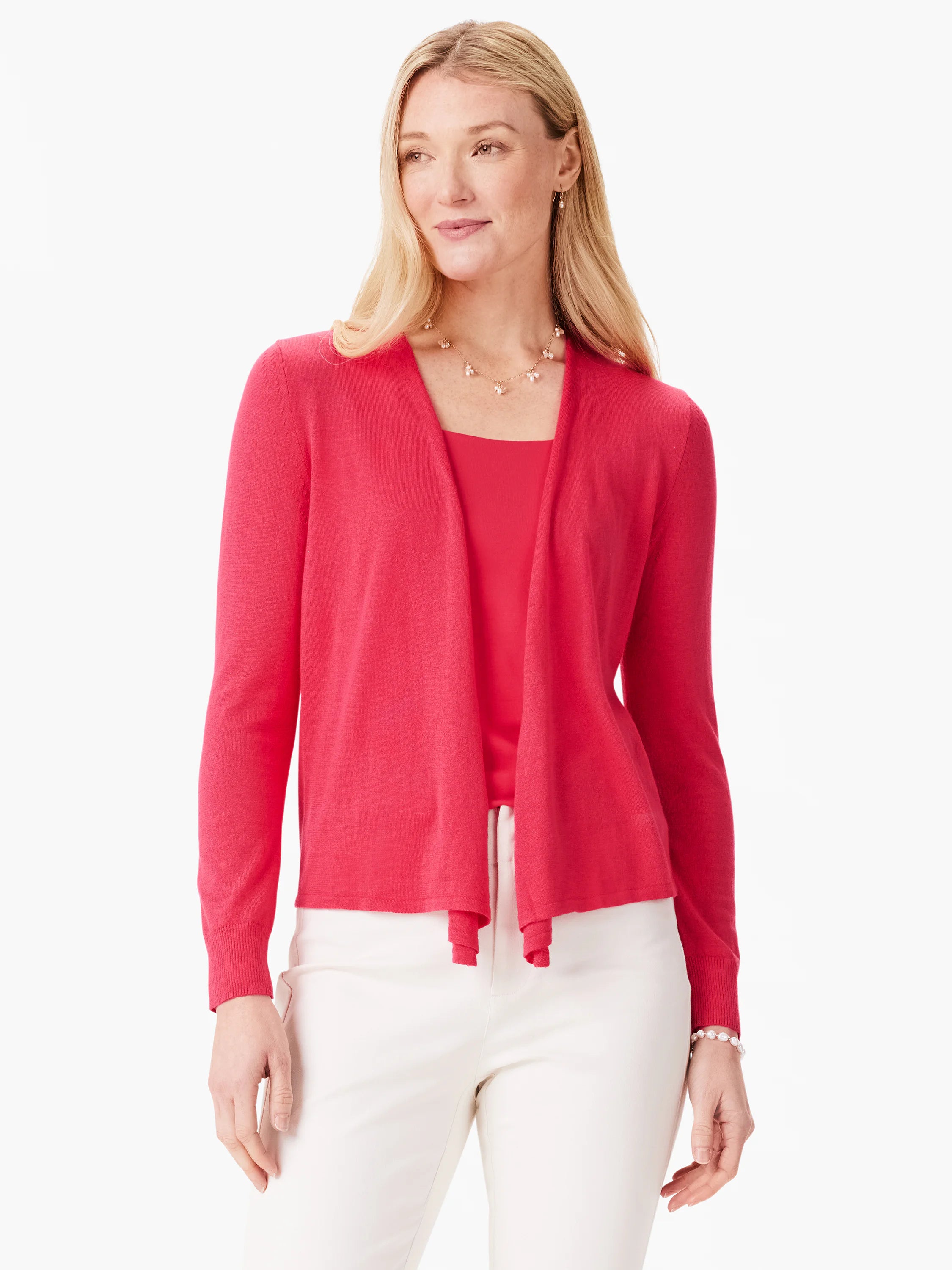 Bright coral open cardigan with long sleeves, draped front, and ribbed cuffs.