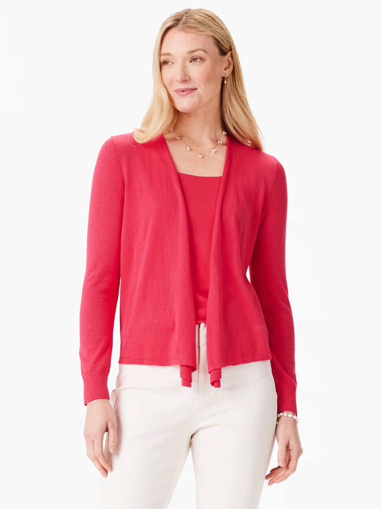 Bright coral open cardigan with long sleeves, draped front, and ribbed cuffs.